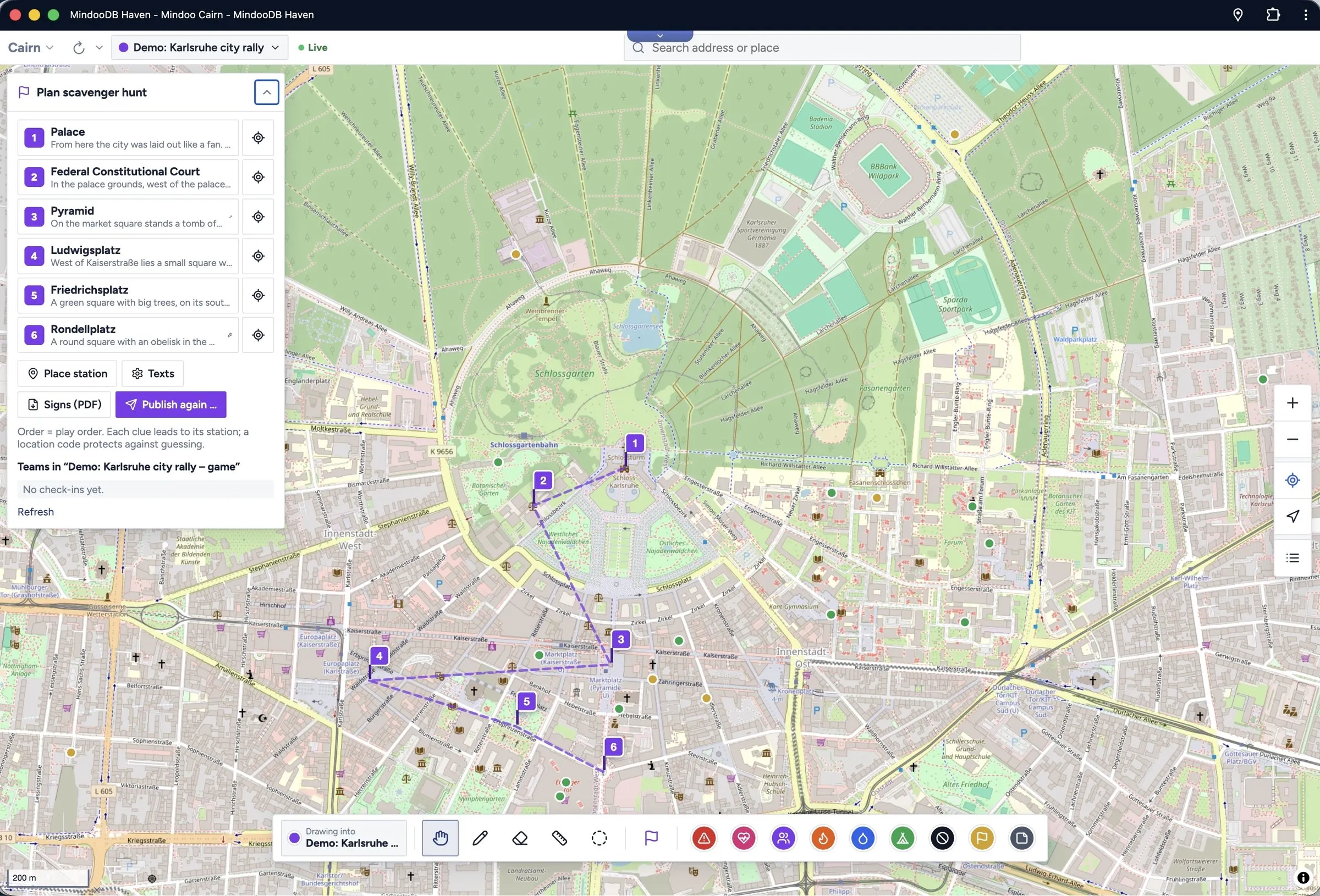 Planning a scavenger hunt: stations on the map and the station list