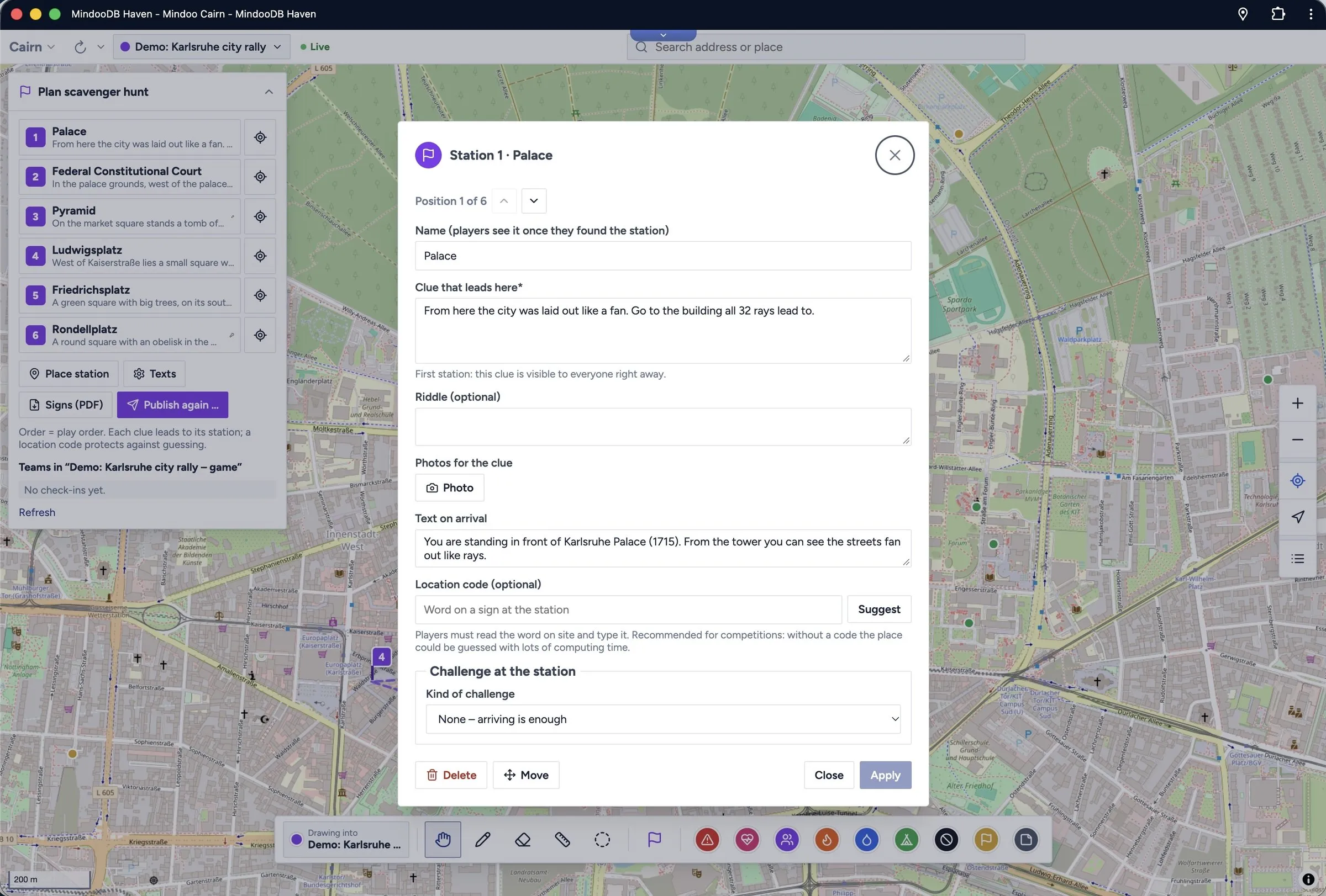 Editing a scavenger hunt station with its clue and location code