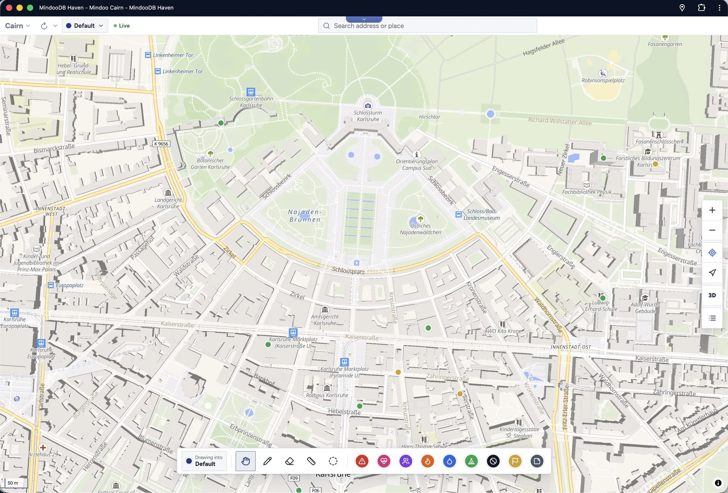 The 3D map with buildings, tilted and rotated
