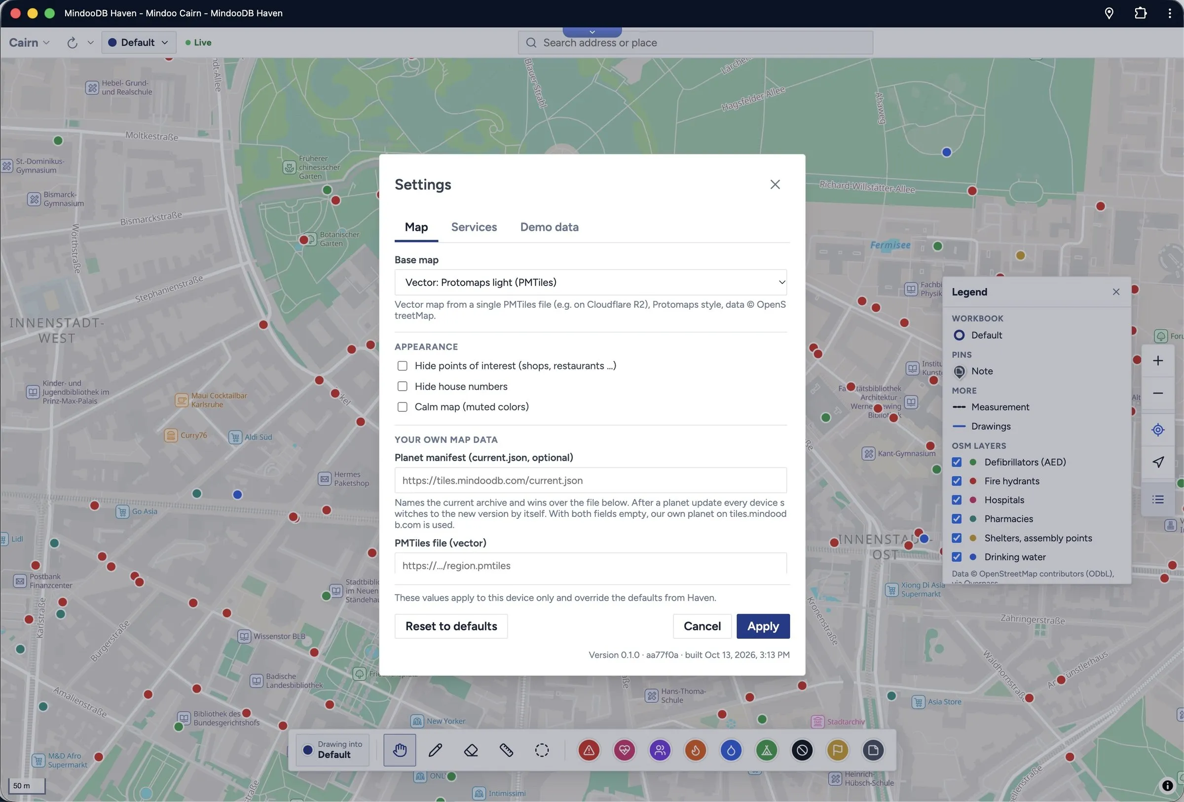 The settings dialog with the choice of map styles